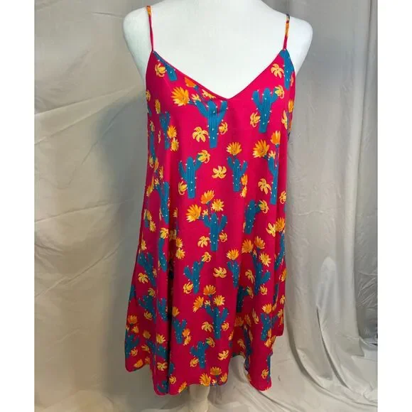 Peach Love California Pink Cactus Print Mini Swing Dress Pockets Boho Womens - Picture 2 of 7
